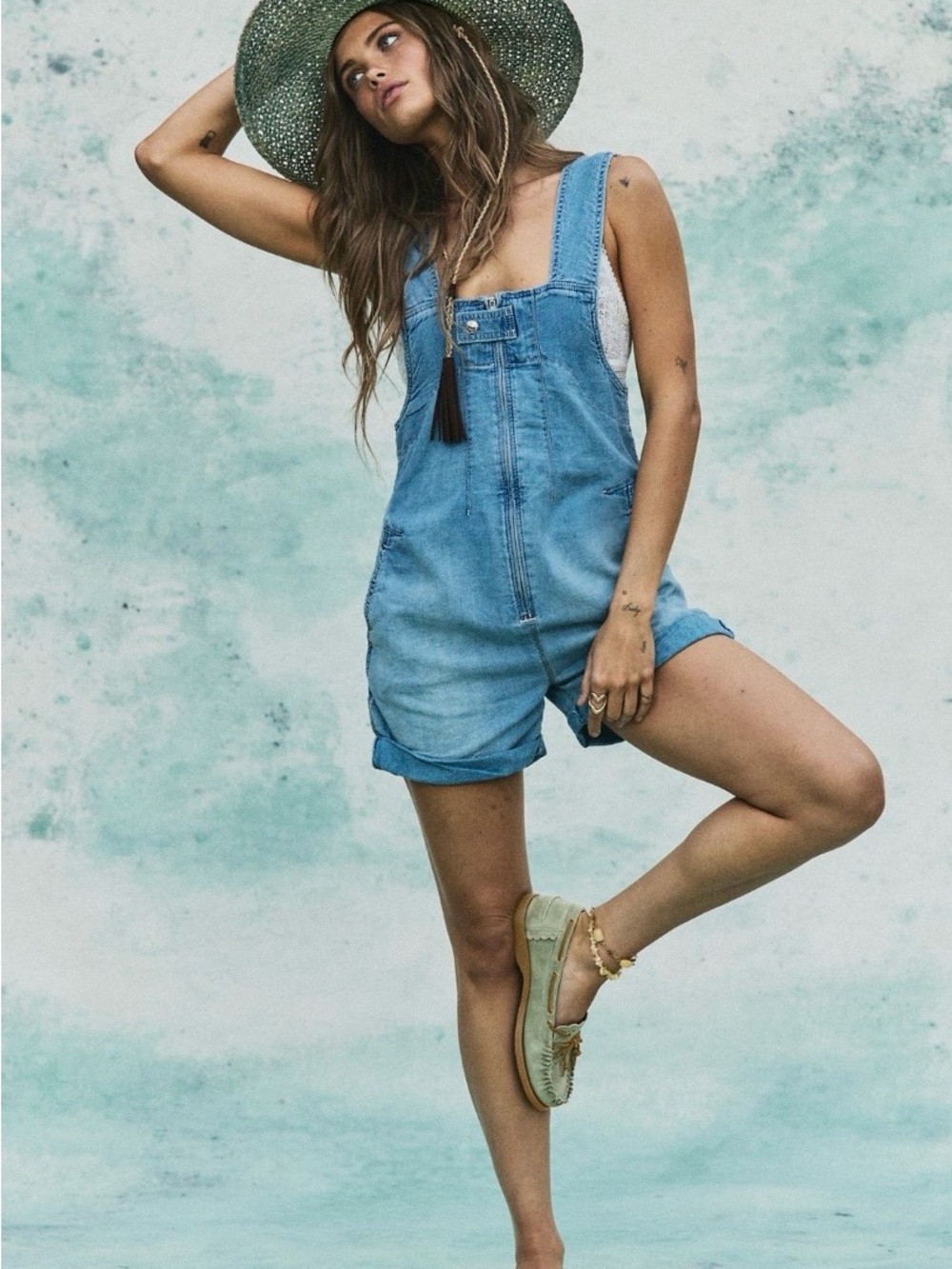 Free People We The Free Jude Shortalla Light Blue Denim Short Overalls